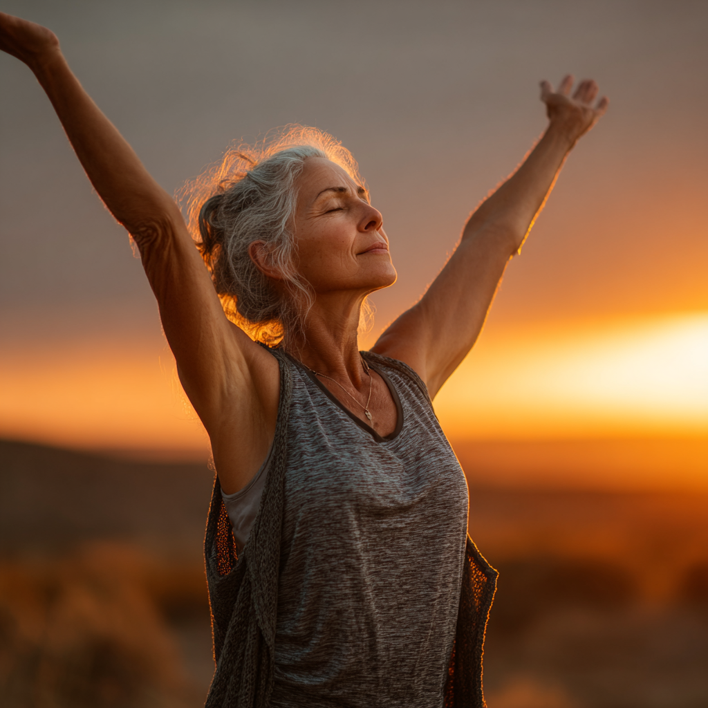 Mature woman in her early 50s practicing yoga warrior pose outdoors during sunset, demonstrating strength and flexibility with arms raised toward the sky, embodying inner peace and mindfulness