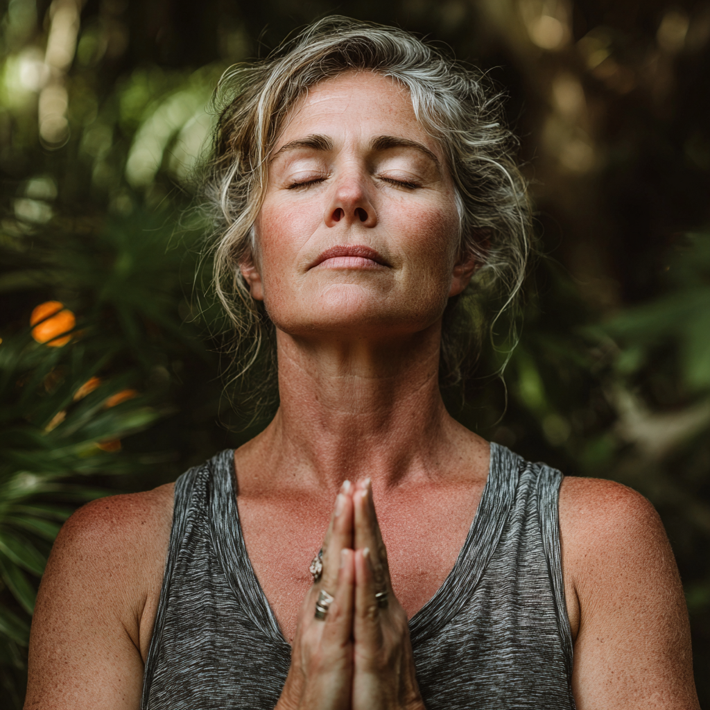 Peaceful middle-aged woman in her 40s practicing yoga in a serene outdoor setting, demonstrating mindful meditation pose with eyes closed and hands in prayer position, surrounded by natural greenery